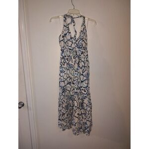 Kristin Davis Blue‎ White Floral Halter Maxi Dress Tiered Summer Sun Dress 12